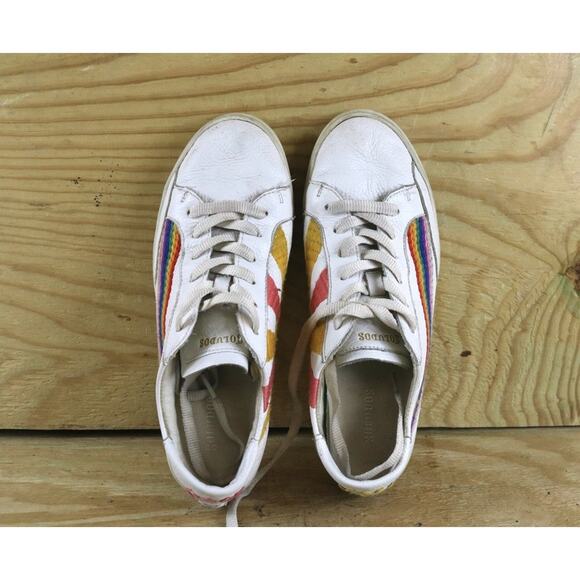 Soludos Sneakers 9.5 White Leather Rainbow Wave Good Vibes Embroidered - Picture 5 of 7